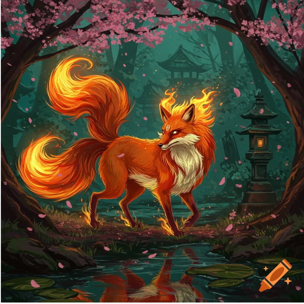 A vibrant Kitsune or fire fox Shikigami with glowing tails and mane stands in an enchanted forest with cherry blossoms, a Japanese temple, and a lantern near a reflective pond, in an illustrative style.