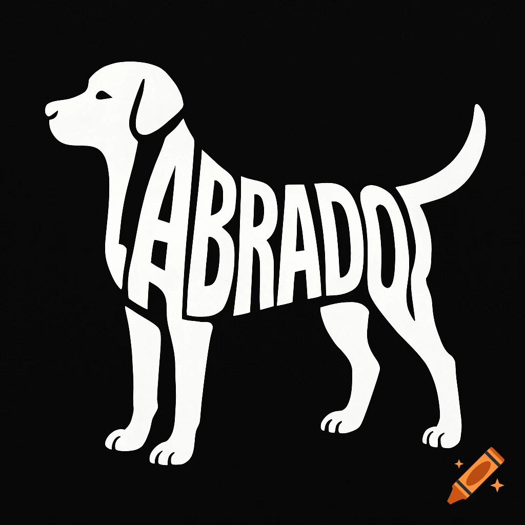 A white silhouette of a Labrador Retriever formed by the letters spelling 'LABRADOR' against a black background.