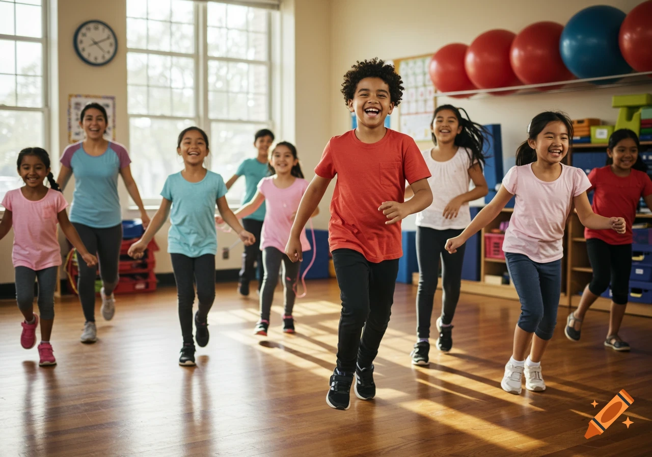 Smiling children and an adult running in a bright classroom during physical activity.