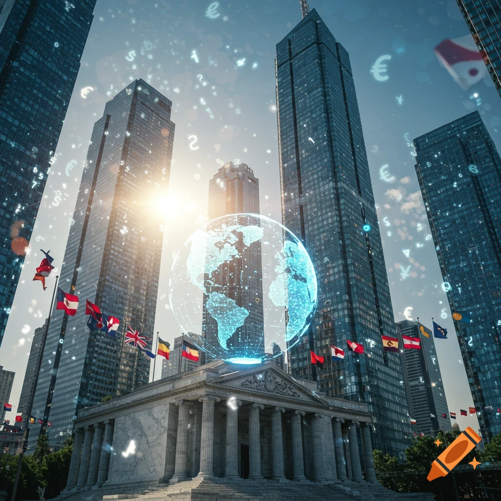 Cityscape with skyscrapers, a neoclassical building, a glowing holographic globe, international flags, and floating currency symbols for global finance.