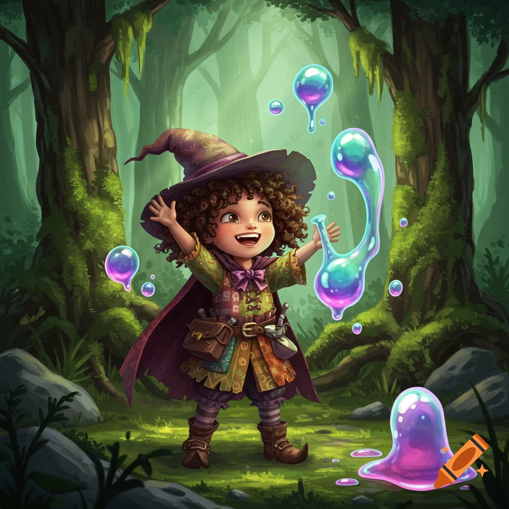 A joyful, curly-haired child witch in a purple hat and cloak happily plays with vibrant, glowing slime in an enchanted forest.