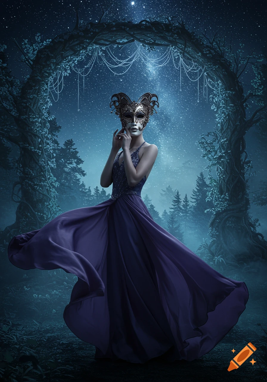 A woman in a flowing purple gown and ornate mask stands in a mystical, starry forest at night.