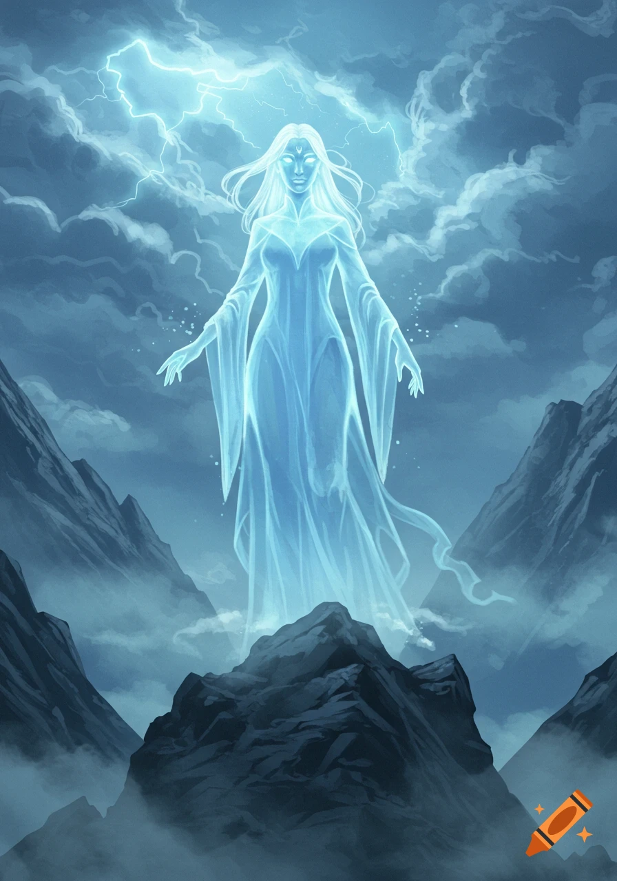 A glowing, ethereal woman in a flowing gown stands atop a mountain, with lightning striking above her in a cloudy, mystical sky.