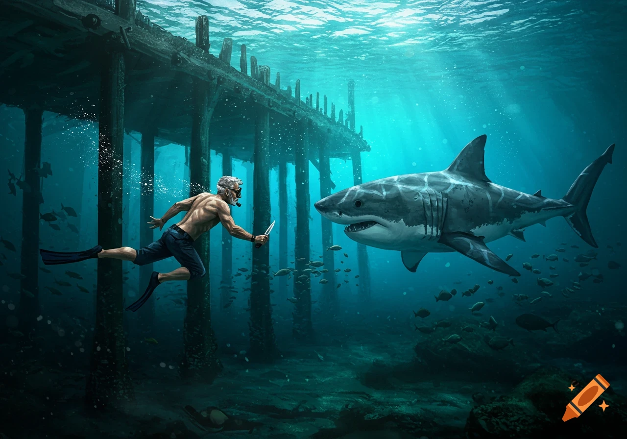 An older man with a diving mask and fins swims underwater with a knife towards a great white shark near a wooden jetty.