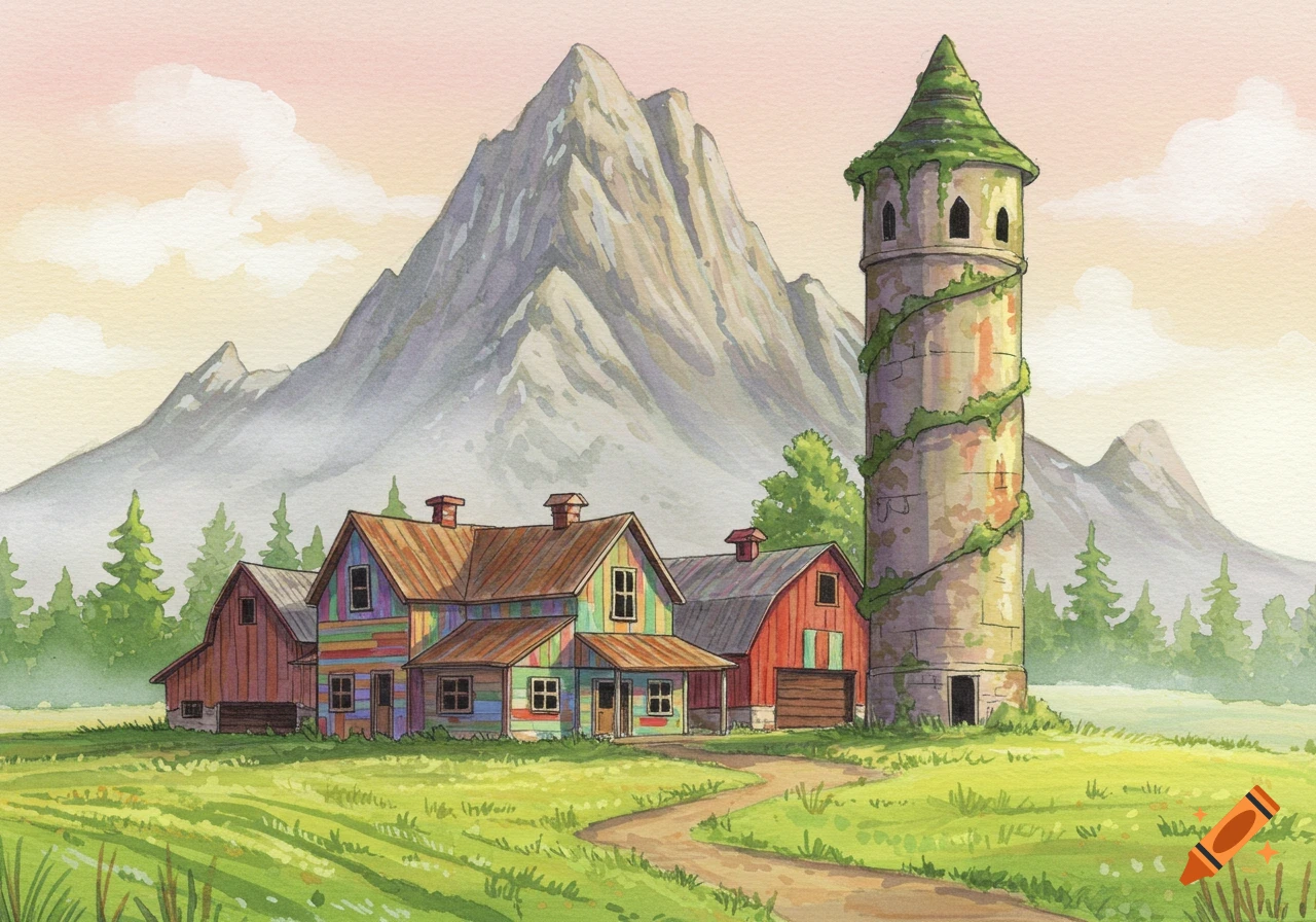 A watercolor painting of a colorful farmhouse and a moss-covered wizard's tower in a grassy field, with large mountains in the background.