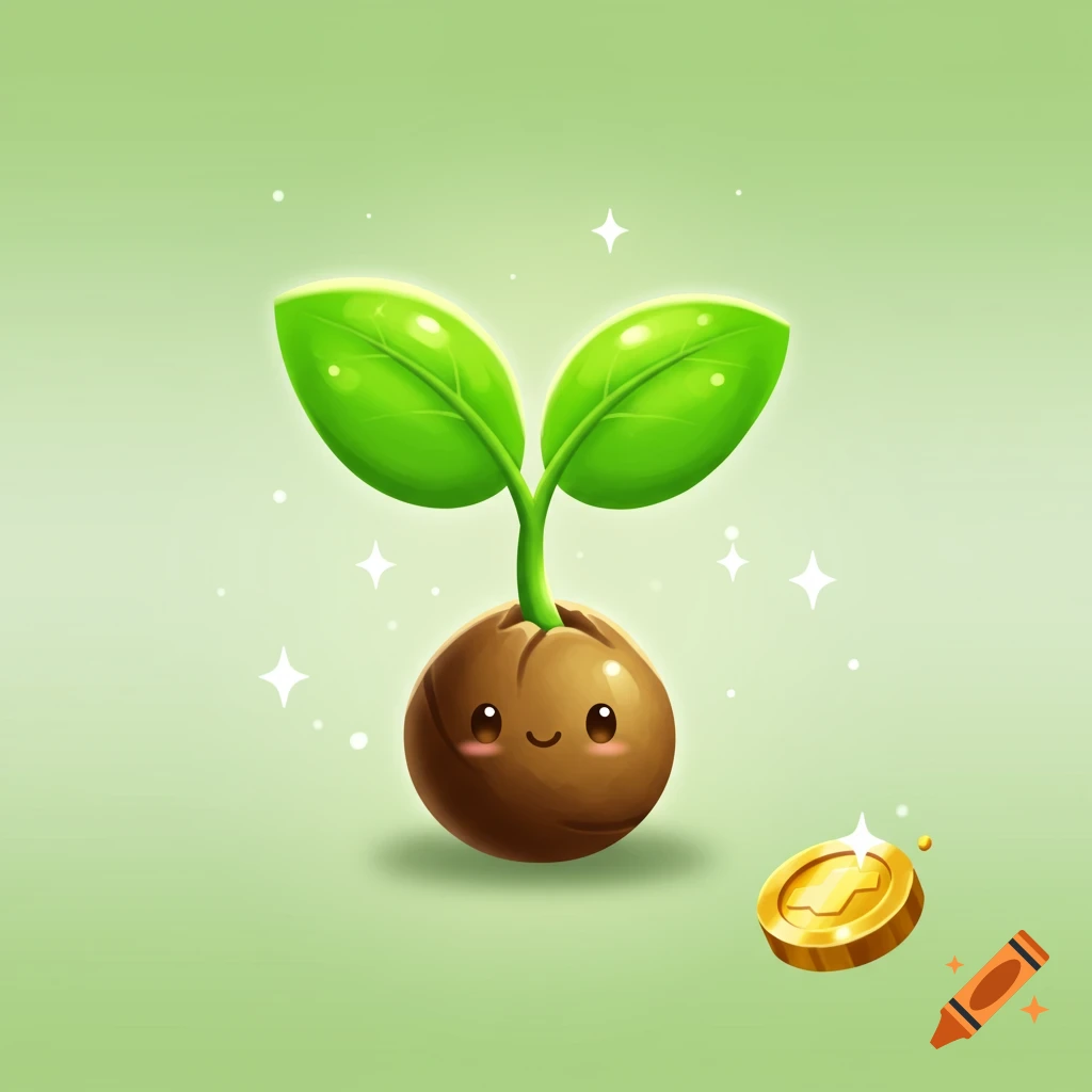 A cute, cartoon seedling with two green leaves and a happy face, glowing with sparkles, next to a gold coin on a light green background.