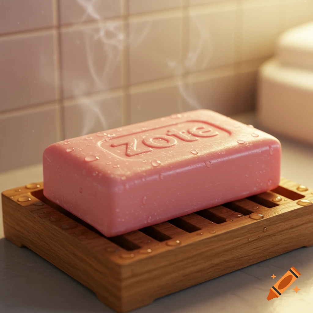A pink Zote soap bar covered in water droplets sits on a wooden soap dish with steam rising above it.