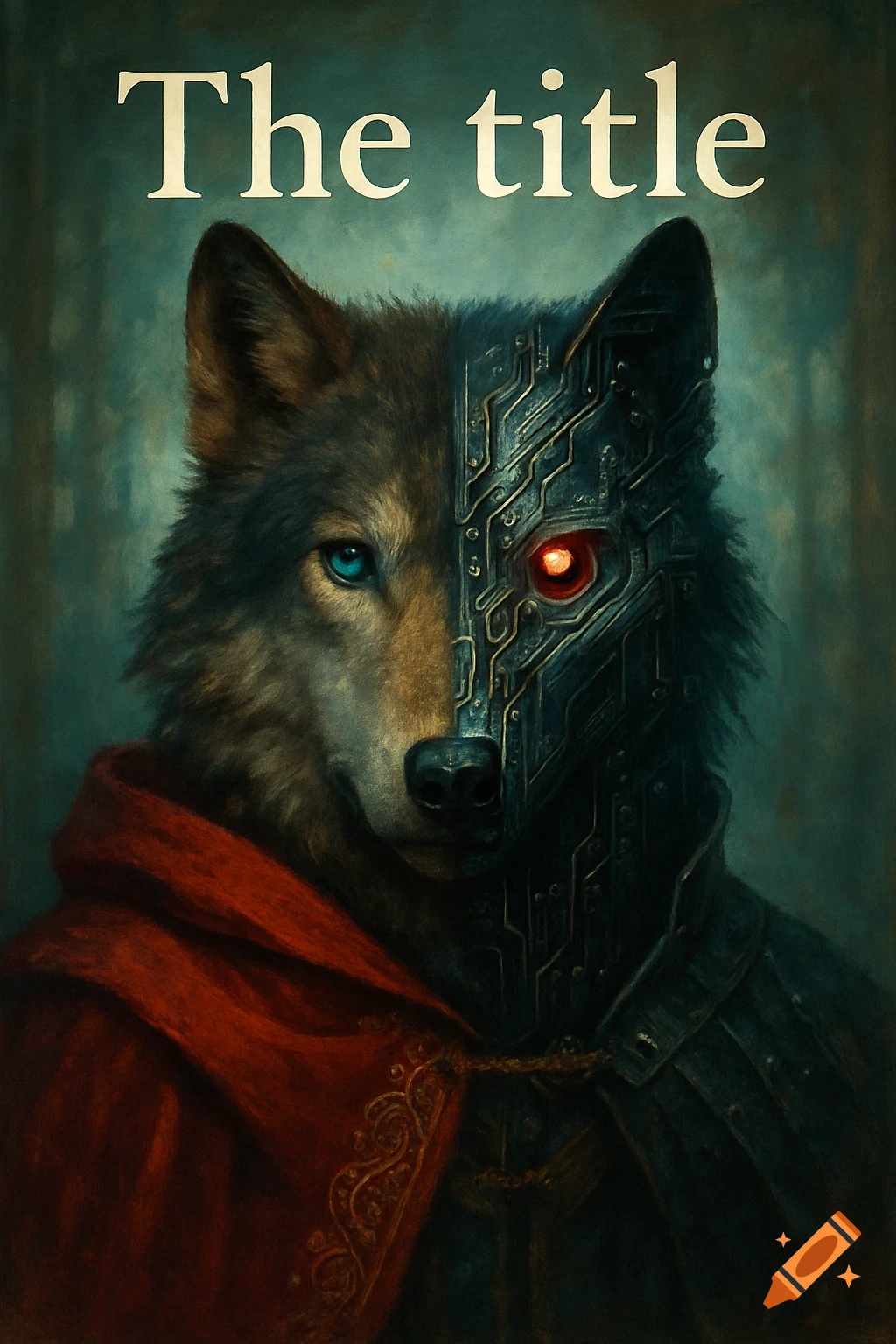 A close-up portrait of a wolf. One half of its face is natural fur with a blue eye, the other is metallic cyborg with a red glowing eye. It wears a red cloak. The words "The title" are at the top.