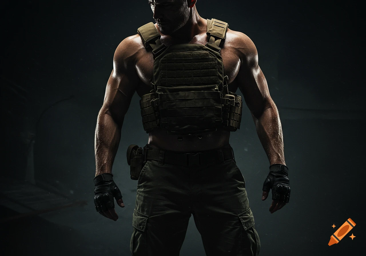 A close-up, photorealistic shot of a muscular man wearing a tactical vest and cargo pants, with his face obscured by shadow, against a dark, dramatic background.