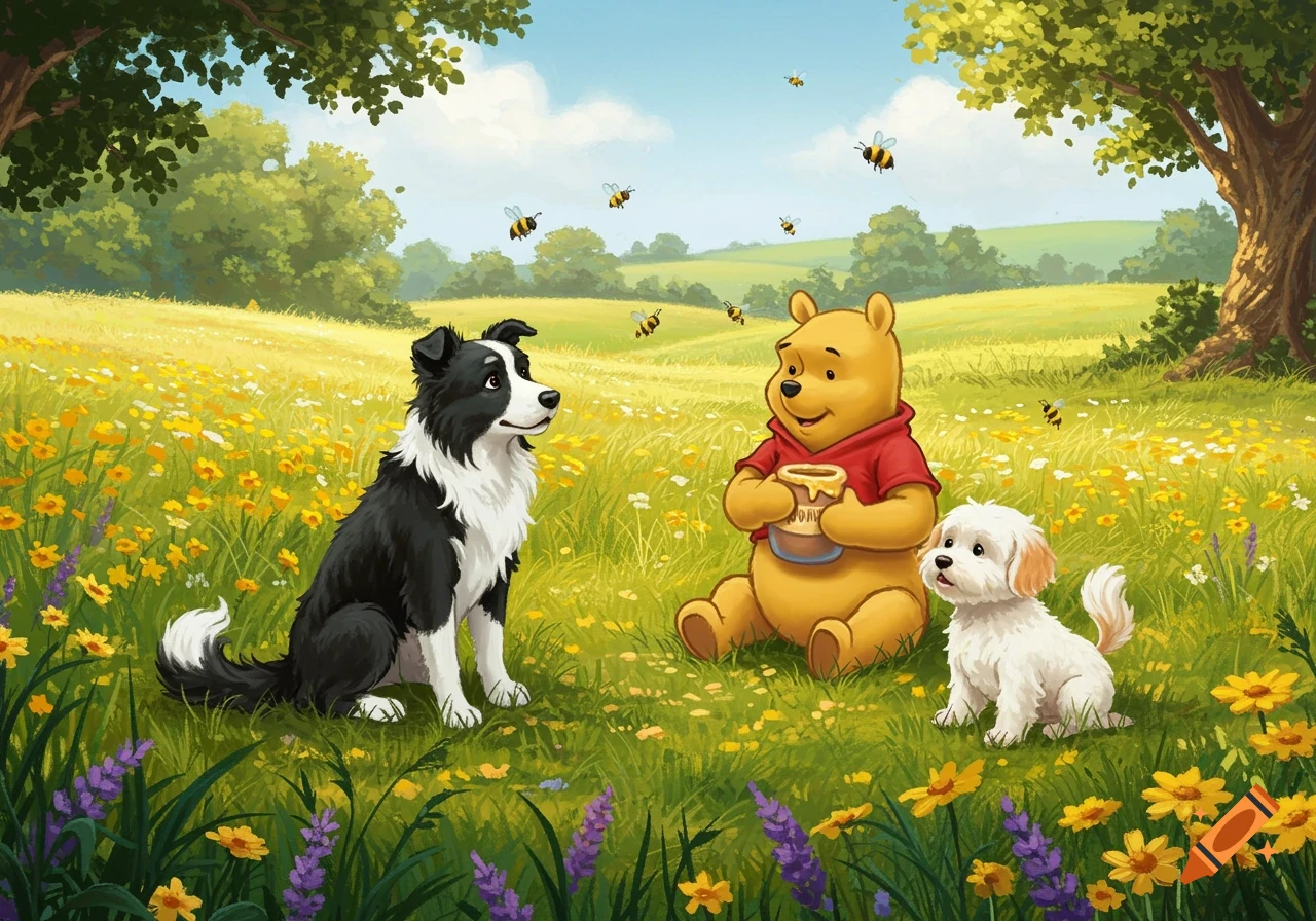 Winnie the Pooh holding a honey pot sits with a black and white Border Collie and a white cockapoo in a sunny meadow with yellow and purple flowers and bees flying around. Cartoon style.