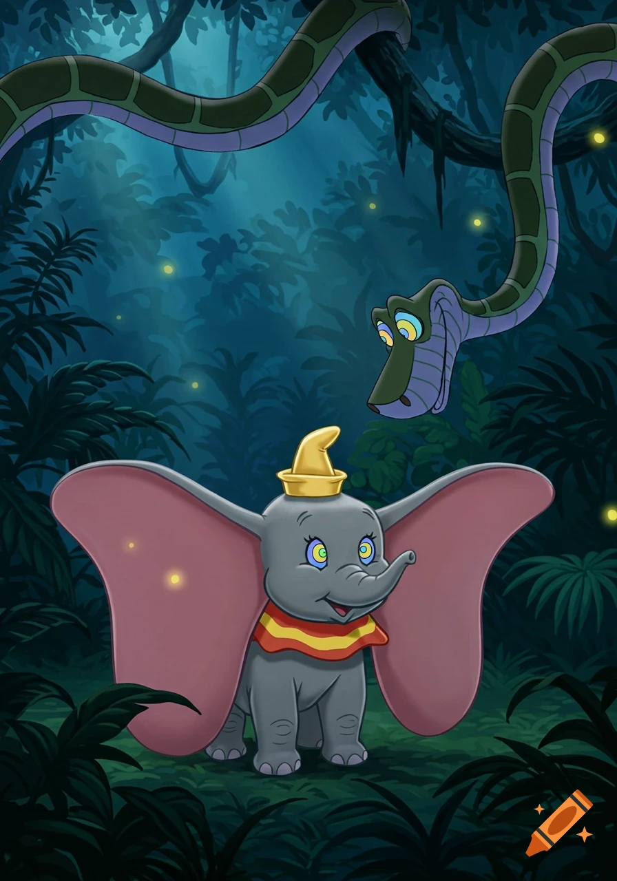 Kaa the snake hypnotizes Dumbo the elephant in a dark, lush jungle with glowing fireflies in this cartoon illustration.