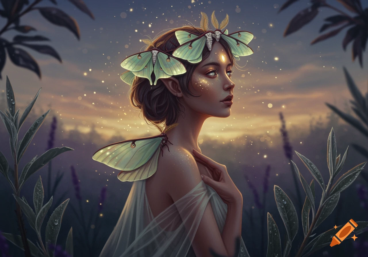 Ethereal fantasy woman with elf ears and glowing skin, adorned with luna moths, in a lavender field at sunset with sparkling lights.
