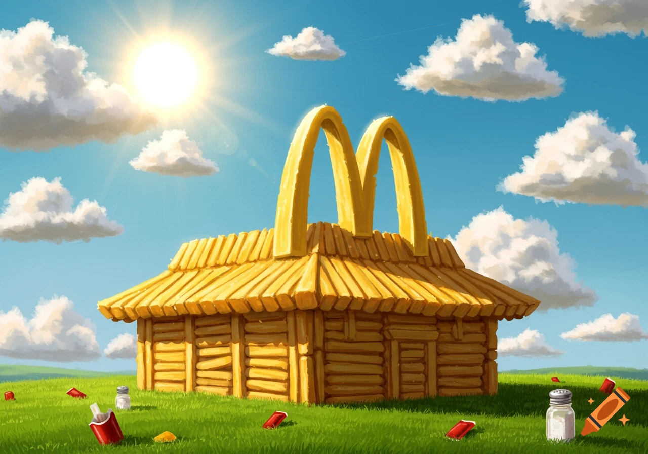 A cartoon McDonald's building made of french fries with golden arches, in a sunny green field with scattered salt shakers and ketchup packets.