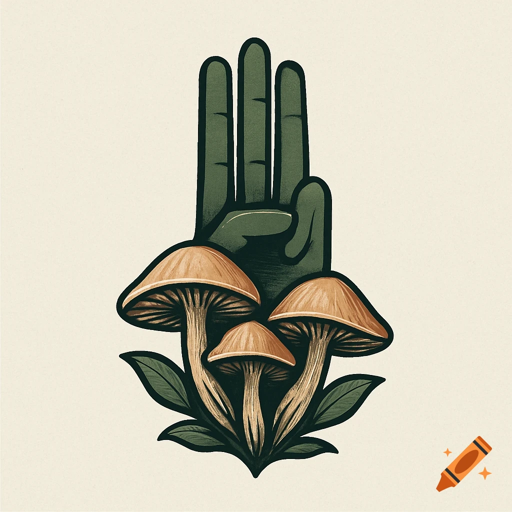 A stylized logo featuring a green hand with three fingers raised, intertwined with three brown mushrooms and green leaves at its base.