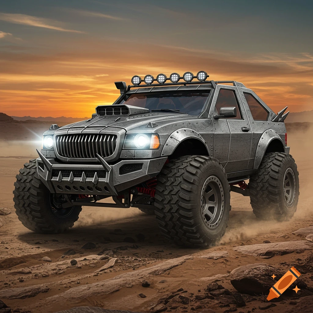 A custom armored offroad vehicle with large tires in a dusty desert landscape at sunset.