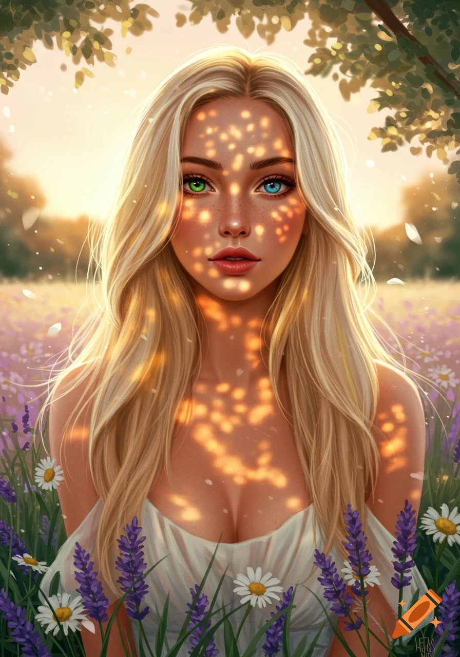 Blonde woman with heterochromia (green and blue eyes) in a sunny field of lavender and daisies, dappled sunlight on her face, digital art portrait.