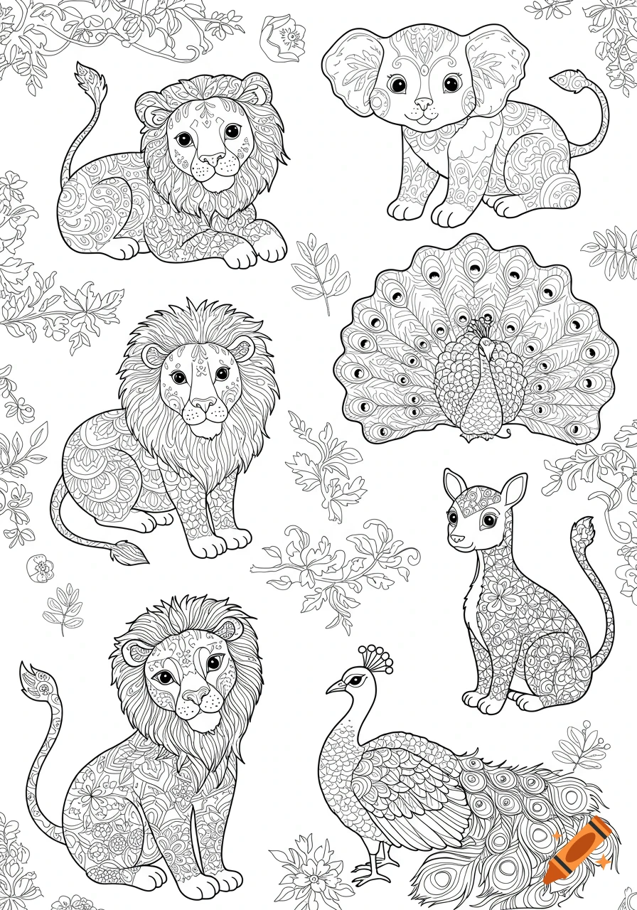 Black and white line art of stylized animals including lions, an elephant, and peacocks, designed for a coloring book.