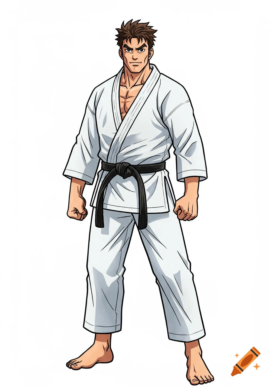 An anime-style drawing of a male karate student in a white uniform with a black belt, standing barefoot.