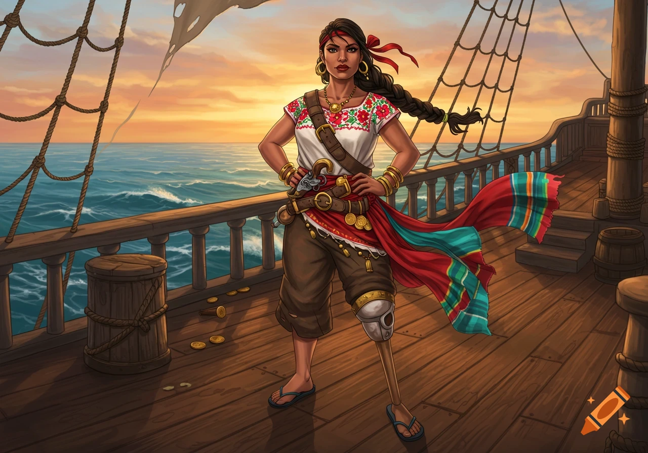 An illustrated Mexican female pirate with a peg leg and flip-flop stands on a ship deck at sunset.