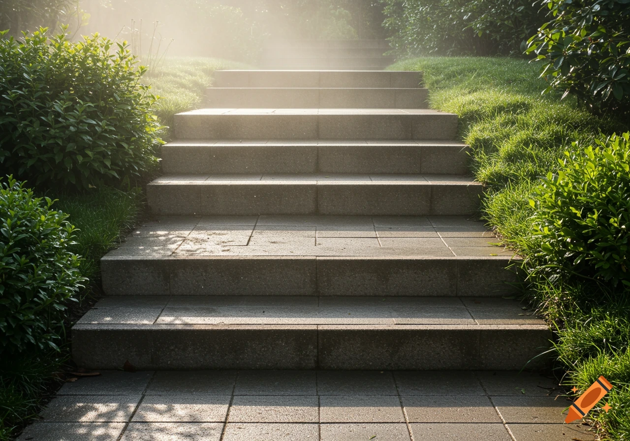 Photorealistic image of stone stairs ascending through lush green foliage with bright light at the top.