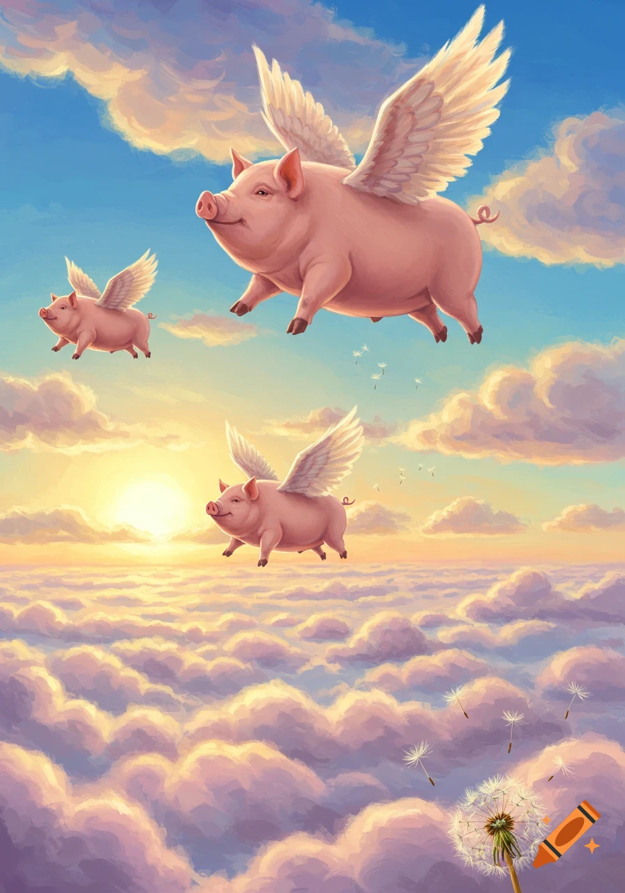 Three pink pigs with white wings fly gracefully through a cloudy sky during sunset, with a dandelion in the foreground.