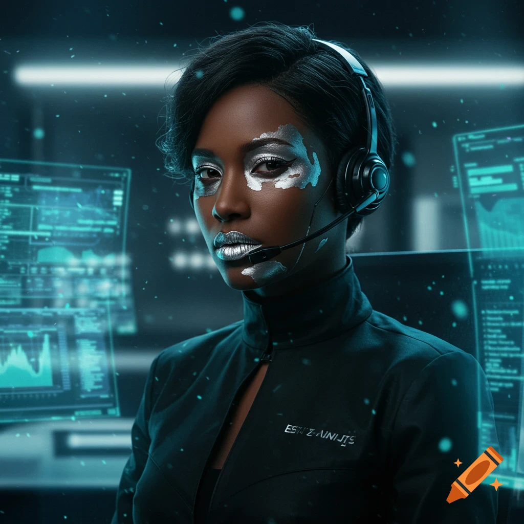 A woman with silver makeup and a headset in a futuristic call center, surrounded by glowing blue screens.