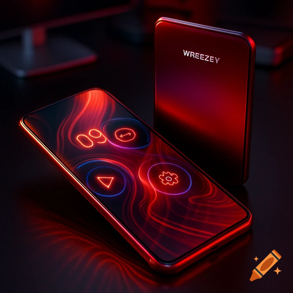 Two red WREEZEY smartphone concepts glowing with neon lights in a dark room.