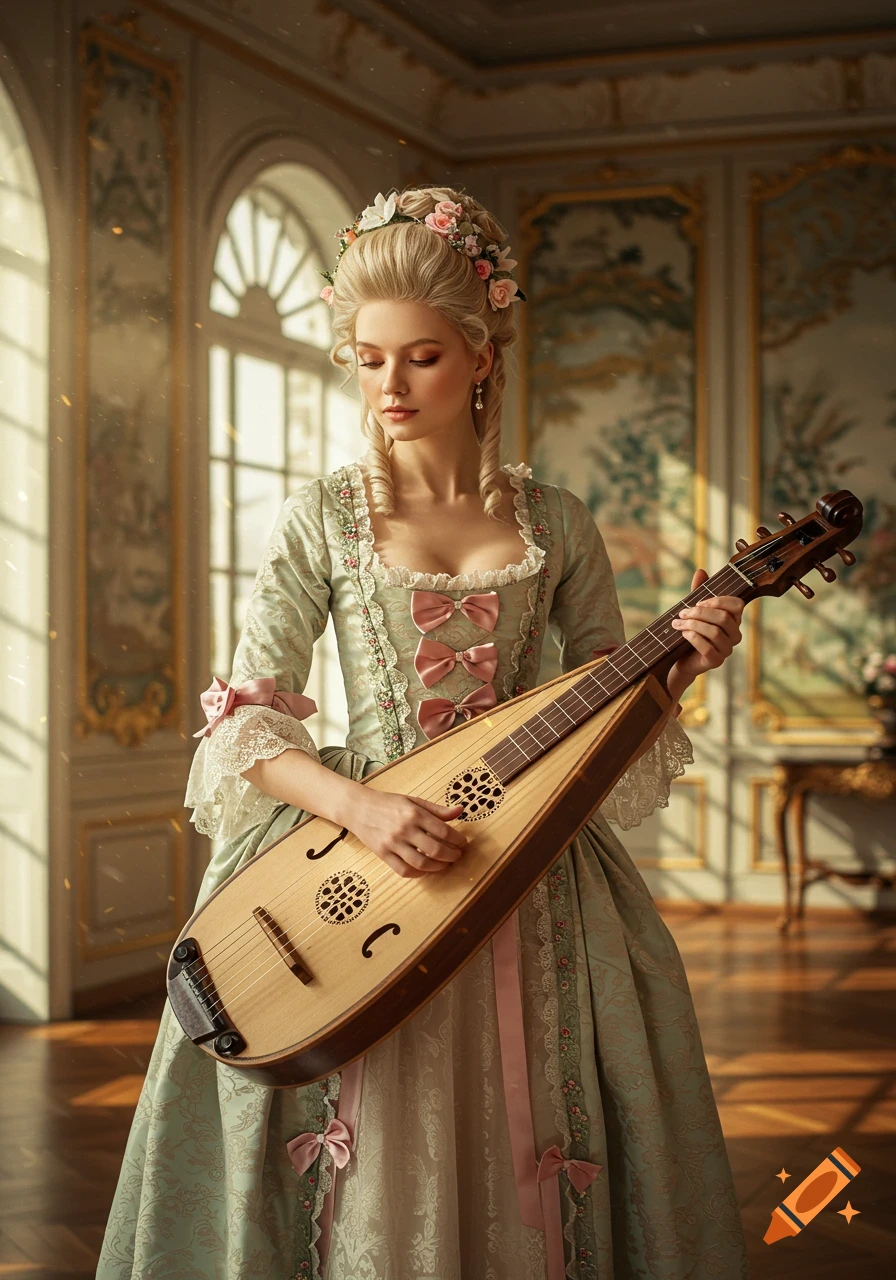 A photorealistic image of an 18th-century woman in a pastel gown playing a stringed instrument in an ornate sunlit room.