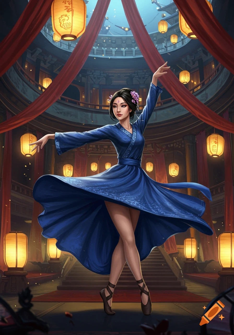 An Asian woman in a blue traditional dress dances gracefully in an ornate hall with glowing lanterns. Digital art style.
