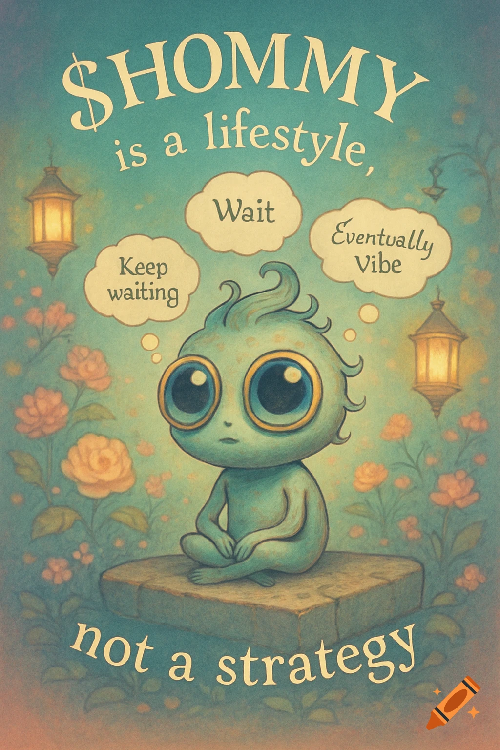 A whimsical illustration of a small, cute, blue, big-eyed creature with tendrils for hair, meditating cross-legged on a stone slab in a garden with orange flowers and glowing lanterns. Thought bubbles above it read "Wait", "Keep waiting", and "Eventually Vibe". The text "$HOMMY is a lifestyle, not a strategy" is above and below the creature.