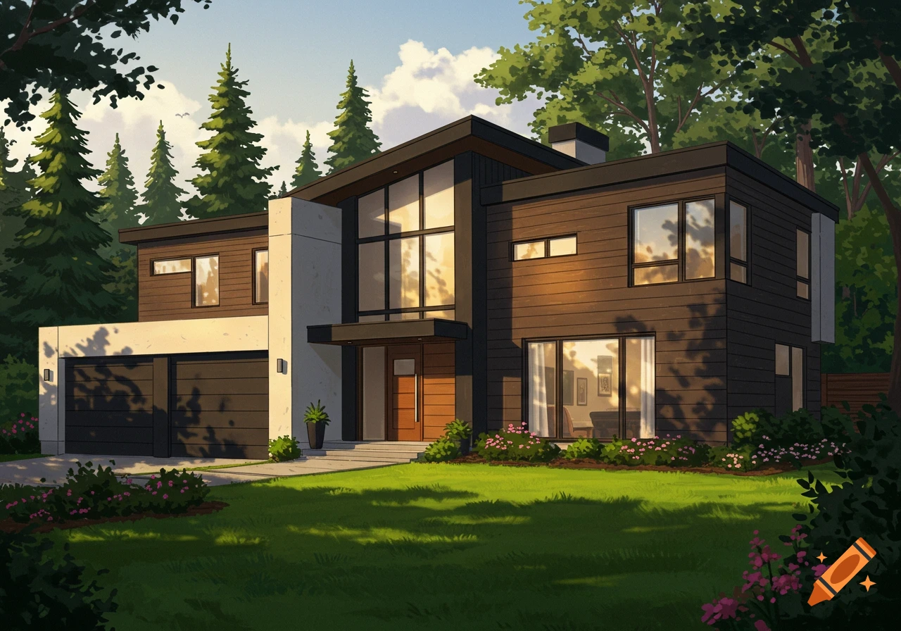 A modern house with dark siding and large windows, surrounded by green lawn and tall trees under a bright sky.
