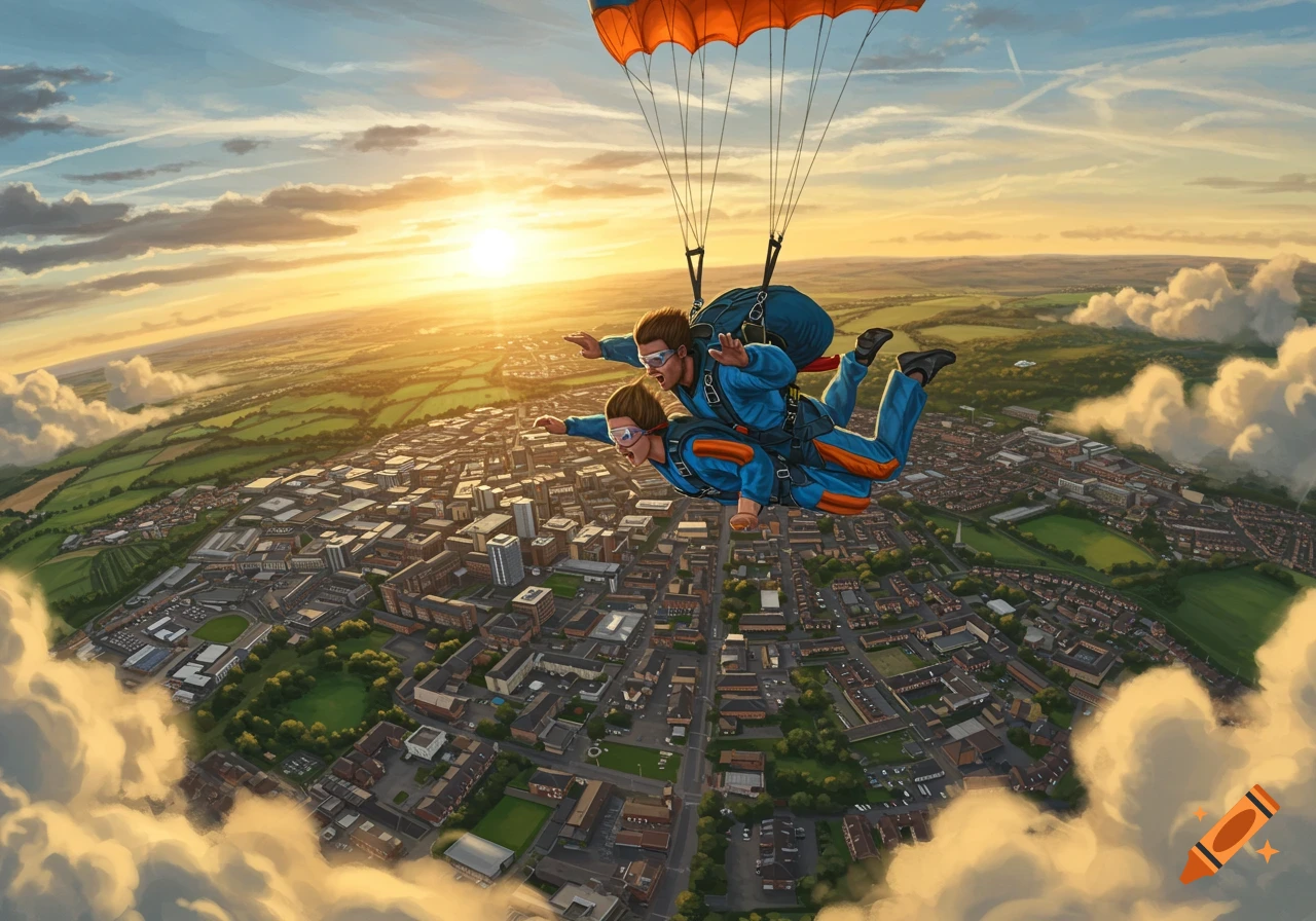 Two people in blue and orange suits tandem skydiving high above a sprawling city and green fields during sunset.