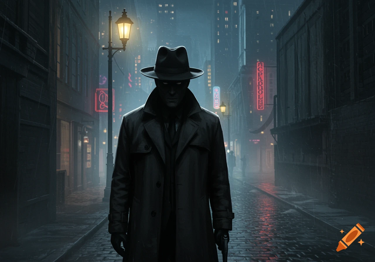 A shadowed man in a trench coat and fedora stands on a dark, rainy city street at night, holding a gun. Digital art.