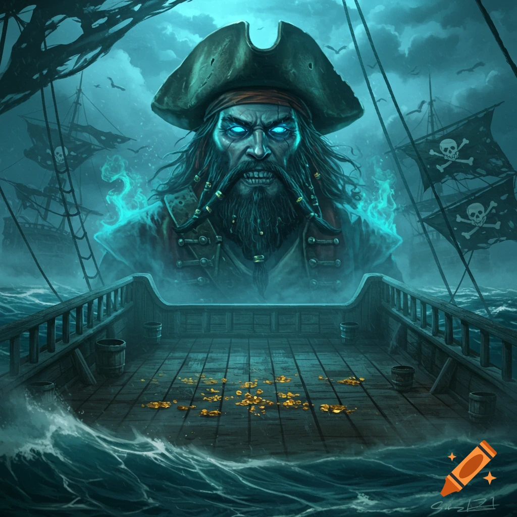 A ghostly pirate with glowing blue eyes looms over the deck of a ship on a stormy sea, with gold coins scattered on the deck.