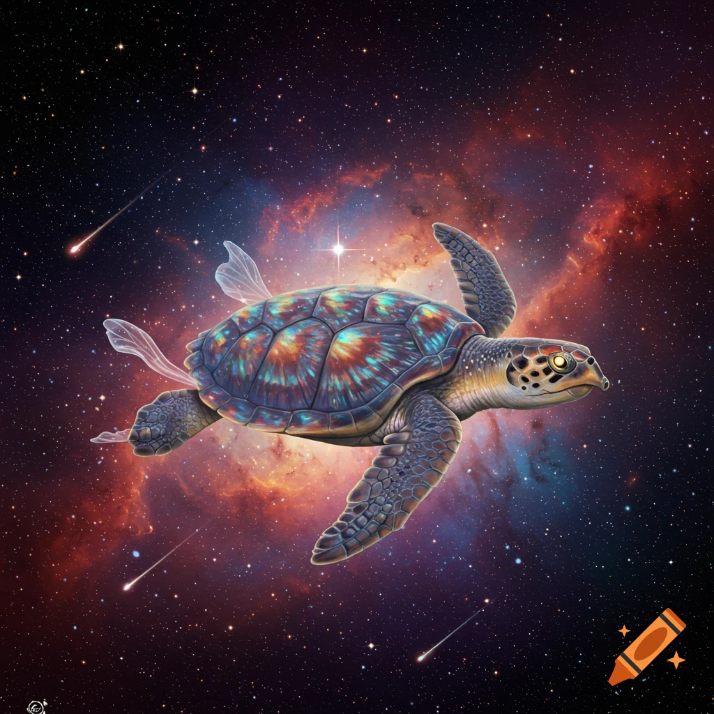A colorful, iridescent turtle with delicate wings flies through a starry galaxy with glowing nebulae and shooting stars.