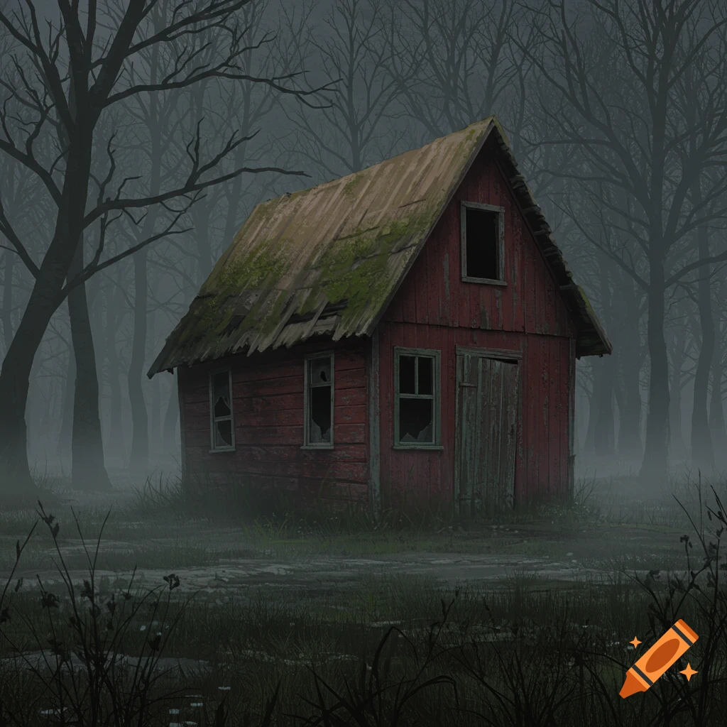 A dilapidated red shed with broken windows and a mossy tan roof stands in a dark, foggy forest with bare trees and wet ground.