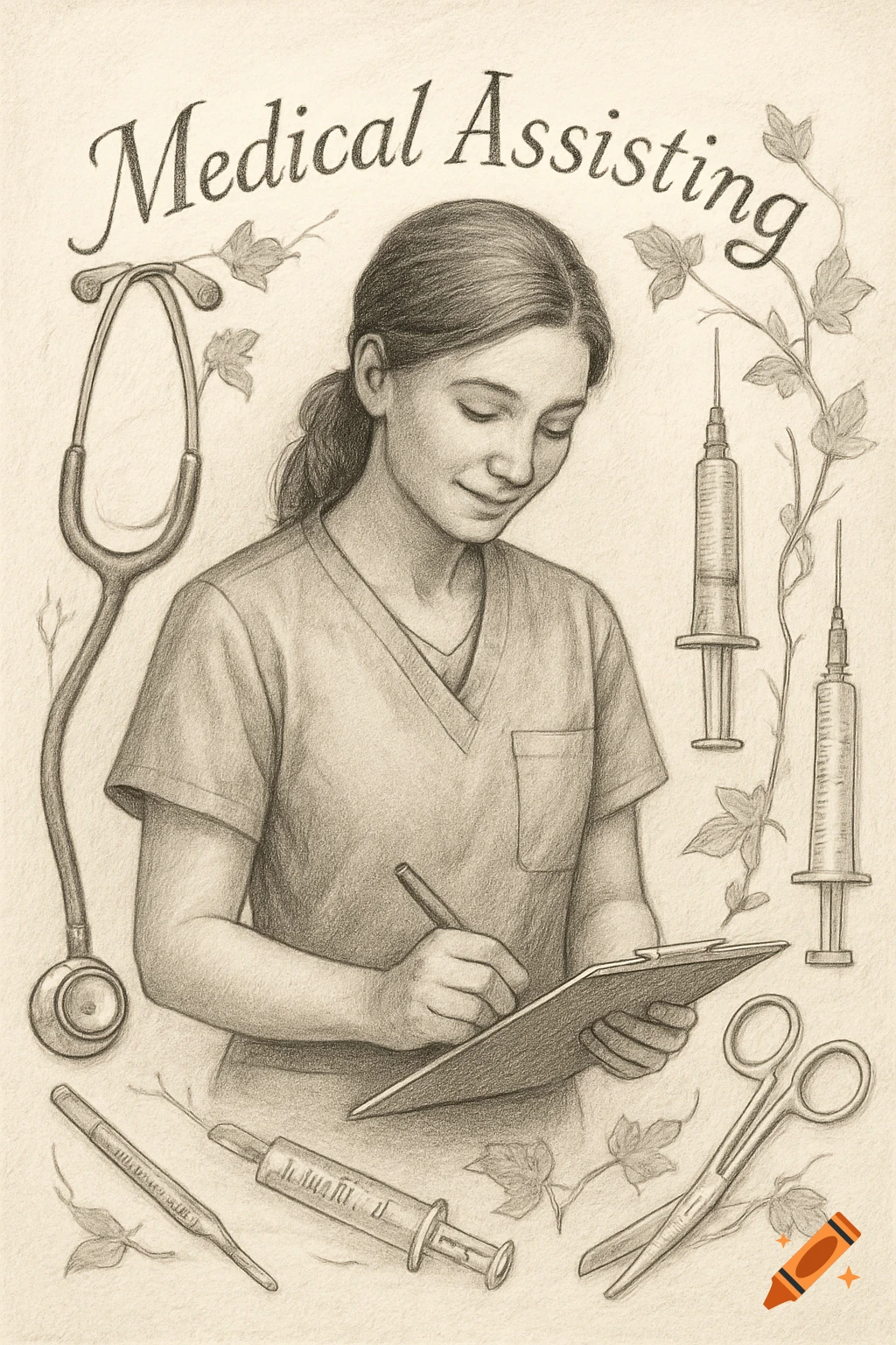 Sketch of a female medical assistant writing, surrounded by stethoscope, syringes, scissors, and thermometer. Text reads 'Medical Assisting'.
