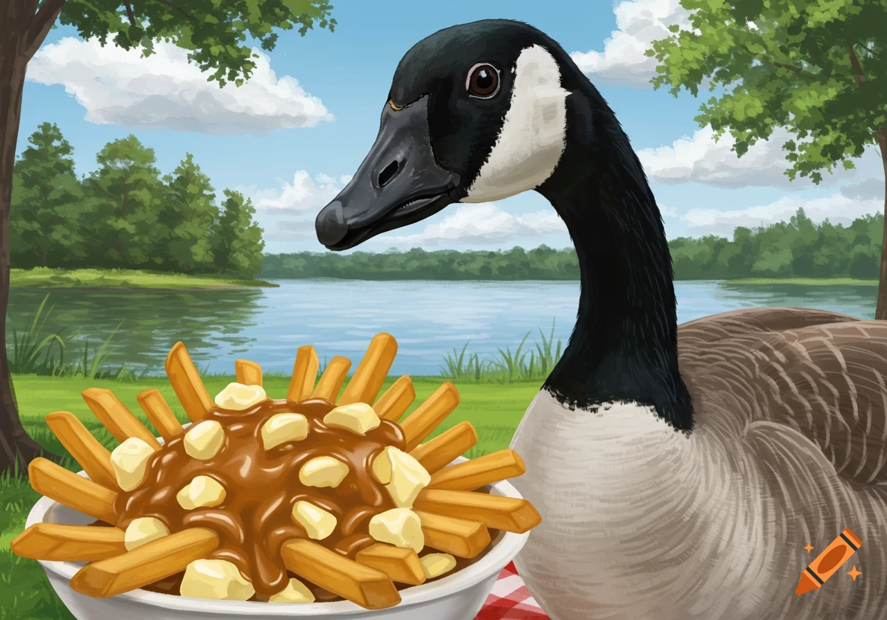 An illustration of a Canada goose looking at a bowl of poutine by a lake with trees under a blue sky.