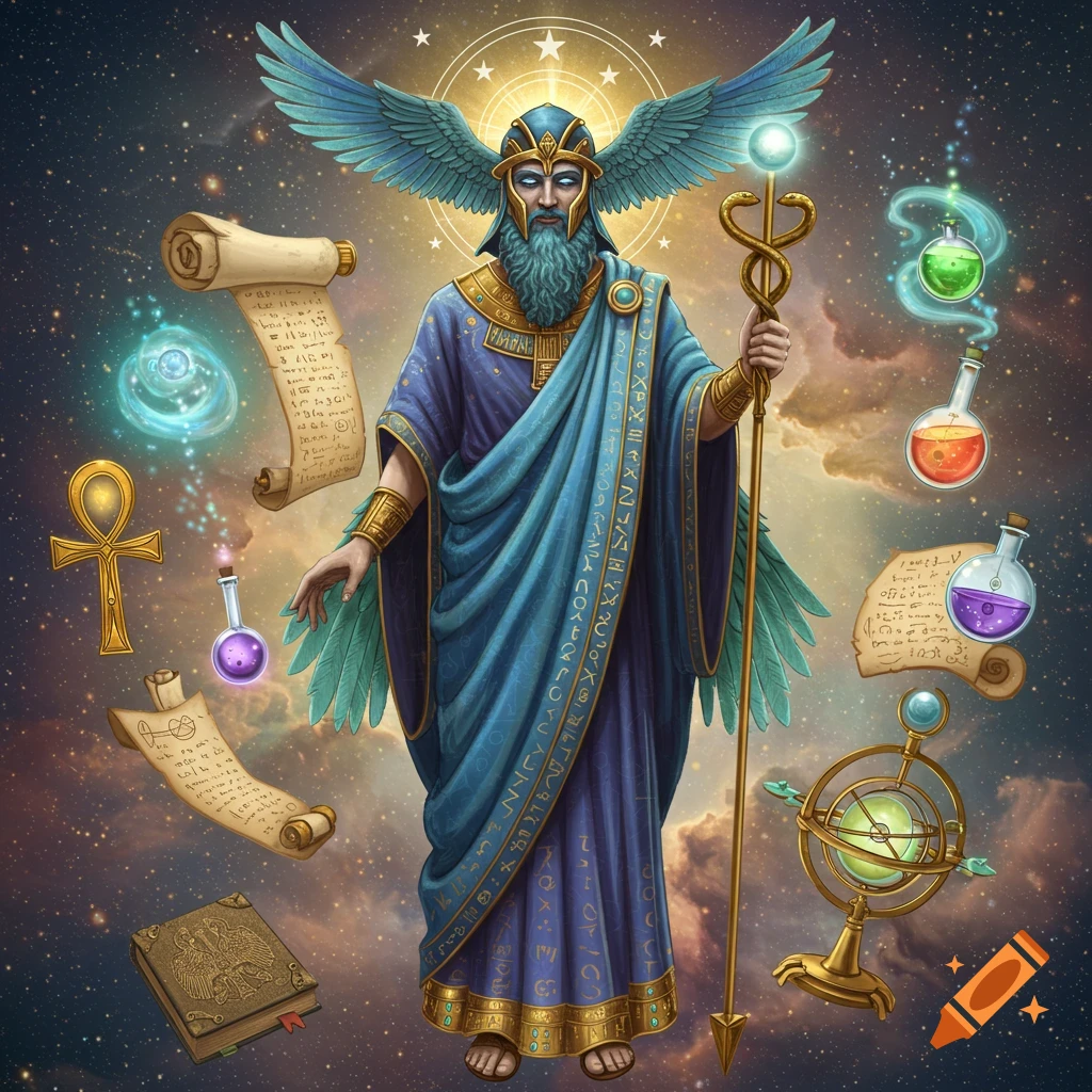 A depiction of Hermes Trismegistus or Thoth, a winged figure in blue robes, surrounded by ancient scrolls, an ankh, alchemical vials, and an armillary sphere in a cosmic setting.