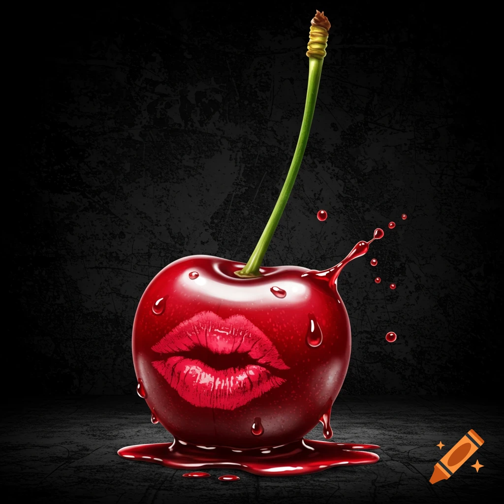 A stylized, glossy red cherry with a bright red lipstick kiss mark on its side. Red liquid drips and splashes from the cherry onto a dark, grungy background.