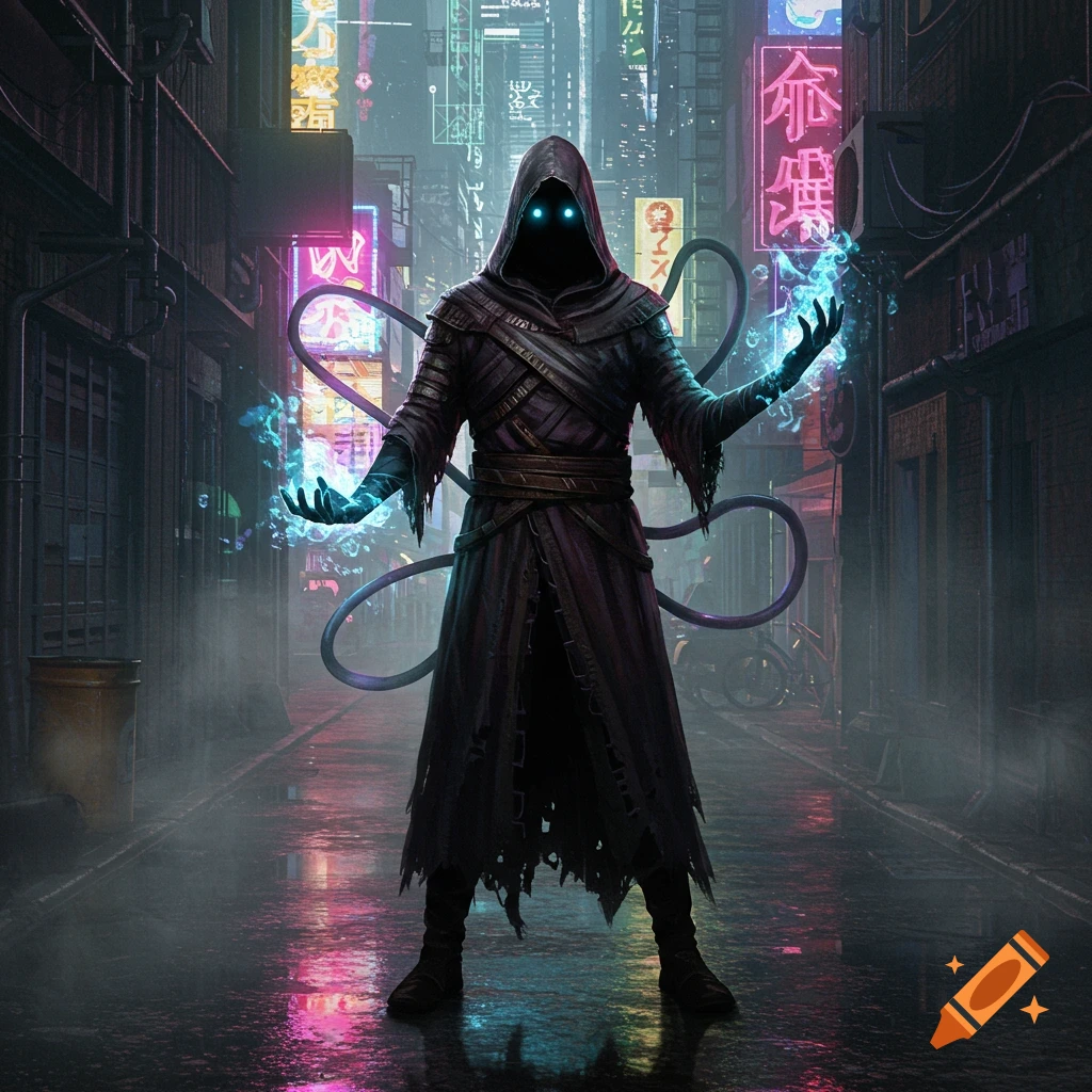 A dark hooded figure with glowing blue eyes and hands emitting energy stands in a neon-lit cyberpunk alley.