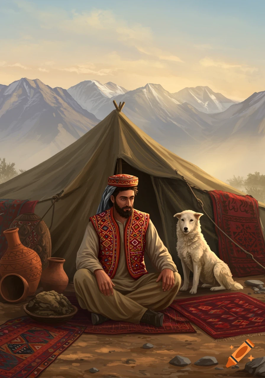 An Afghan man sits cross-legged with a white dog in front of a tent, surrounded by pottery and rugs, with mountains in the background.