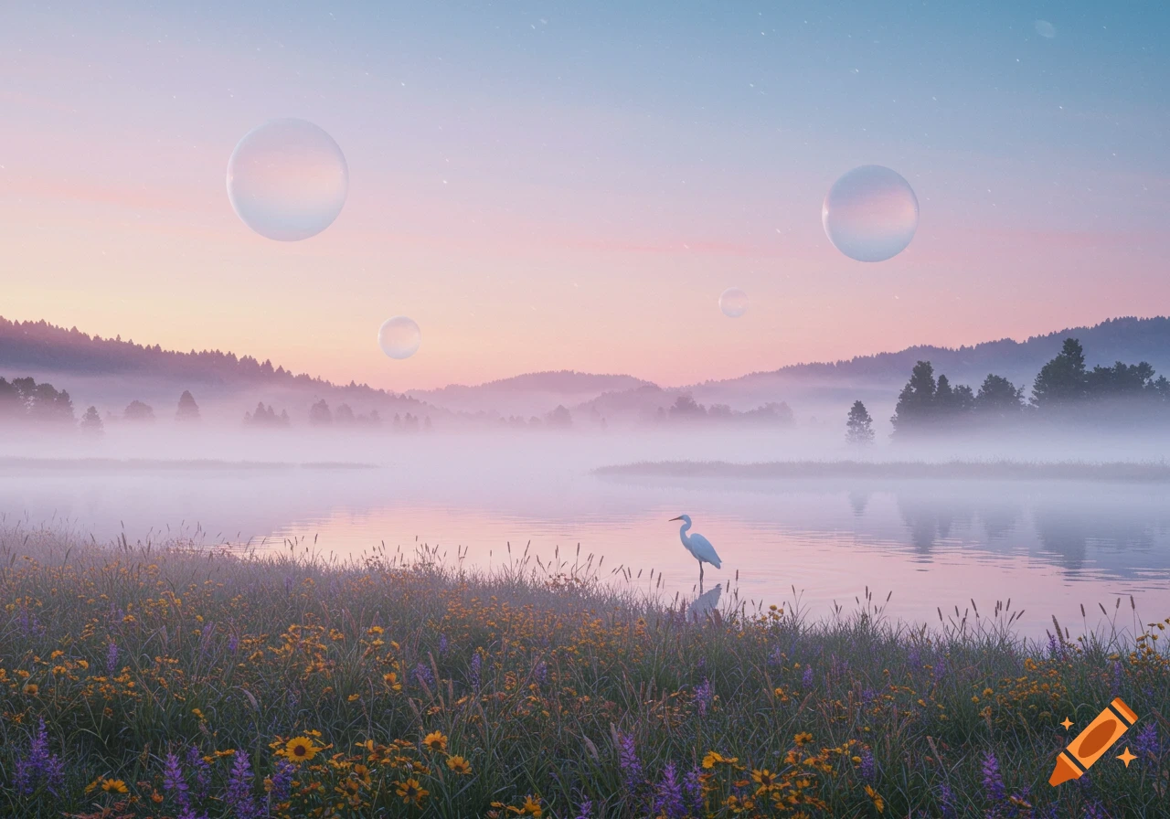 A serene, misty landscape at sunrise with a lake, colorful flowers, trees, and a lone bird, with ethereal bubbles floating in the sky.