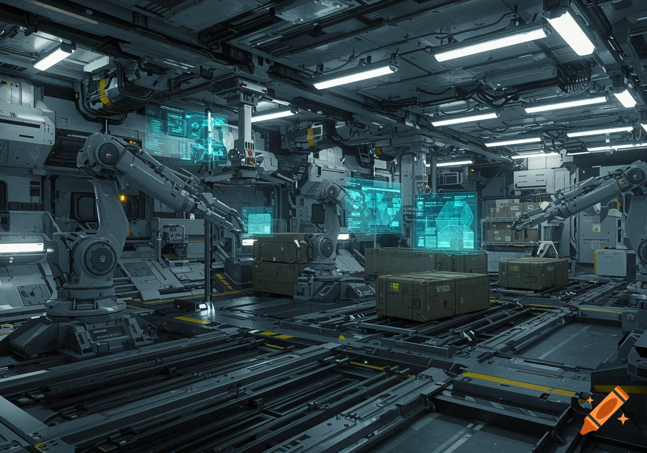 A futuristic industrial docking port with multiple robotic arms, cargo crates, and glowing holographic screens displaying data in a metallic environment.