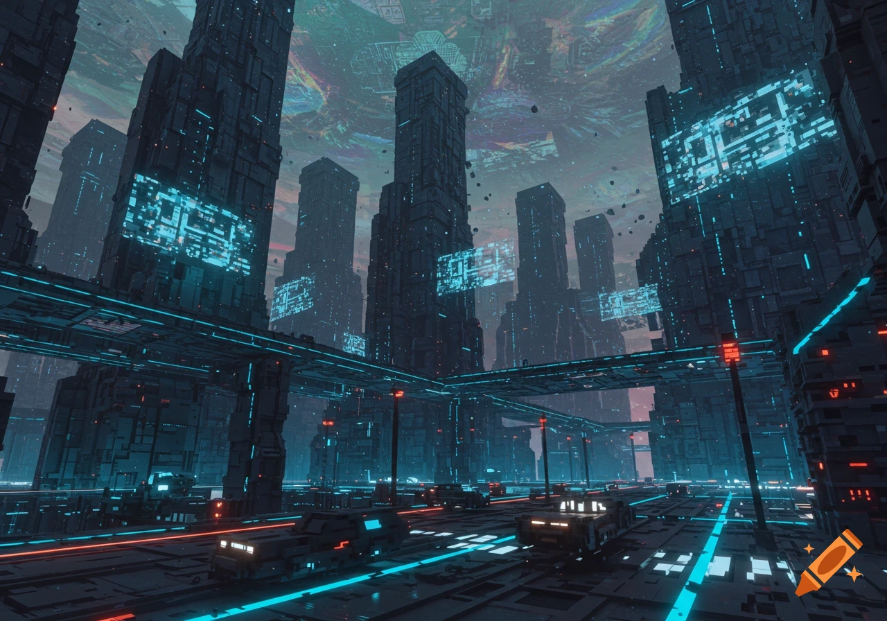 A futuristic cityscape with tall, blocky buildings, glowing blue and orange pathways, and vehicles under a cloudy, colorful sky.