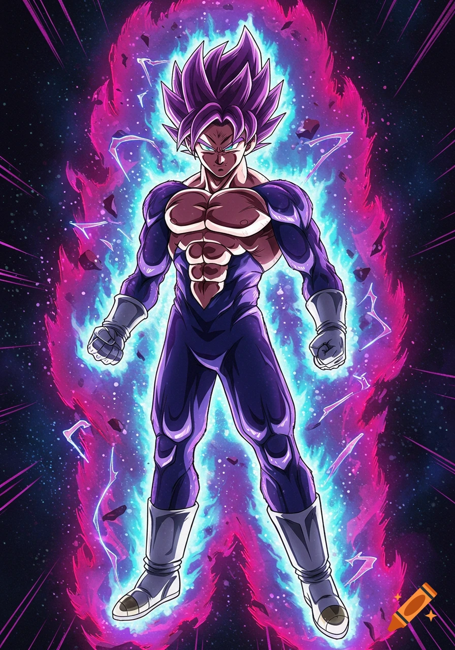 An anime-style male character with purple spiky hair and a muscular physique, glowing with vibrant blue and pink energy.