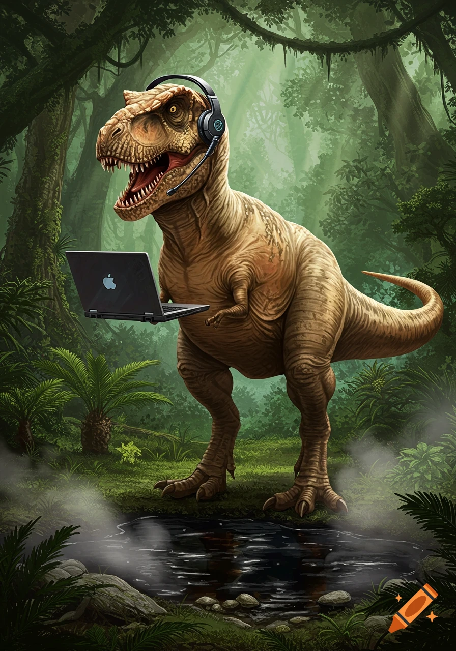 A T-rex wearing a headset and holding a laptop in a lush prehistoric jungle with a misty puddle.