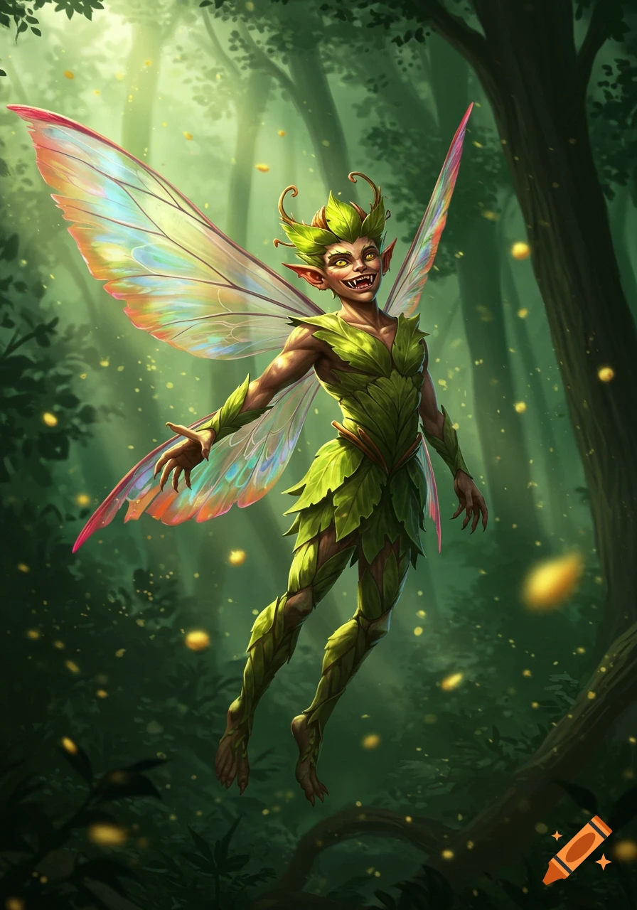 A male fairy with pointed teeth, rainbow wings, and clothes made of leaves floats in a sunlit forest.
