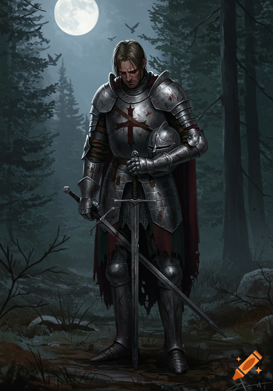 A somber knight in battle-worn armor, holding his helmet and sword, stands in a moonlit forest.