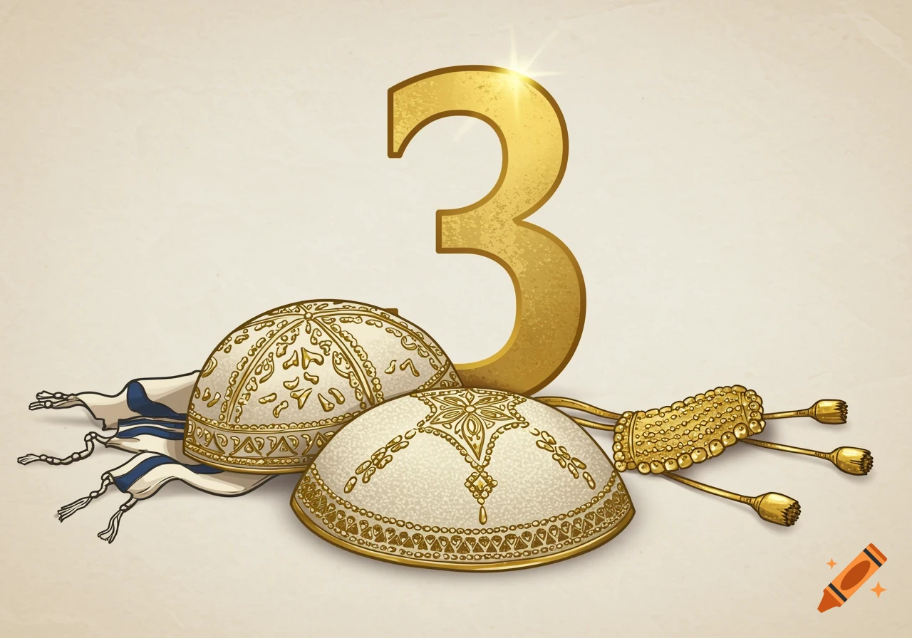 Two decorated white yarmulkes and a blue and white tallit with a large golden number 3 on a light background in vector illustration style.